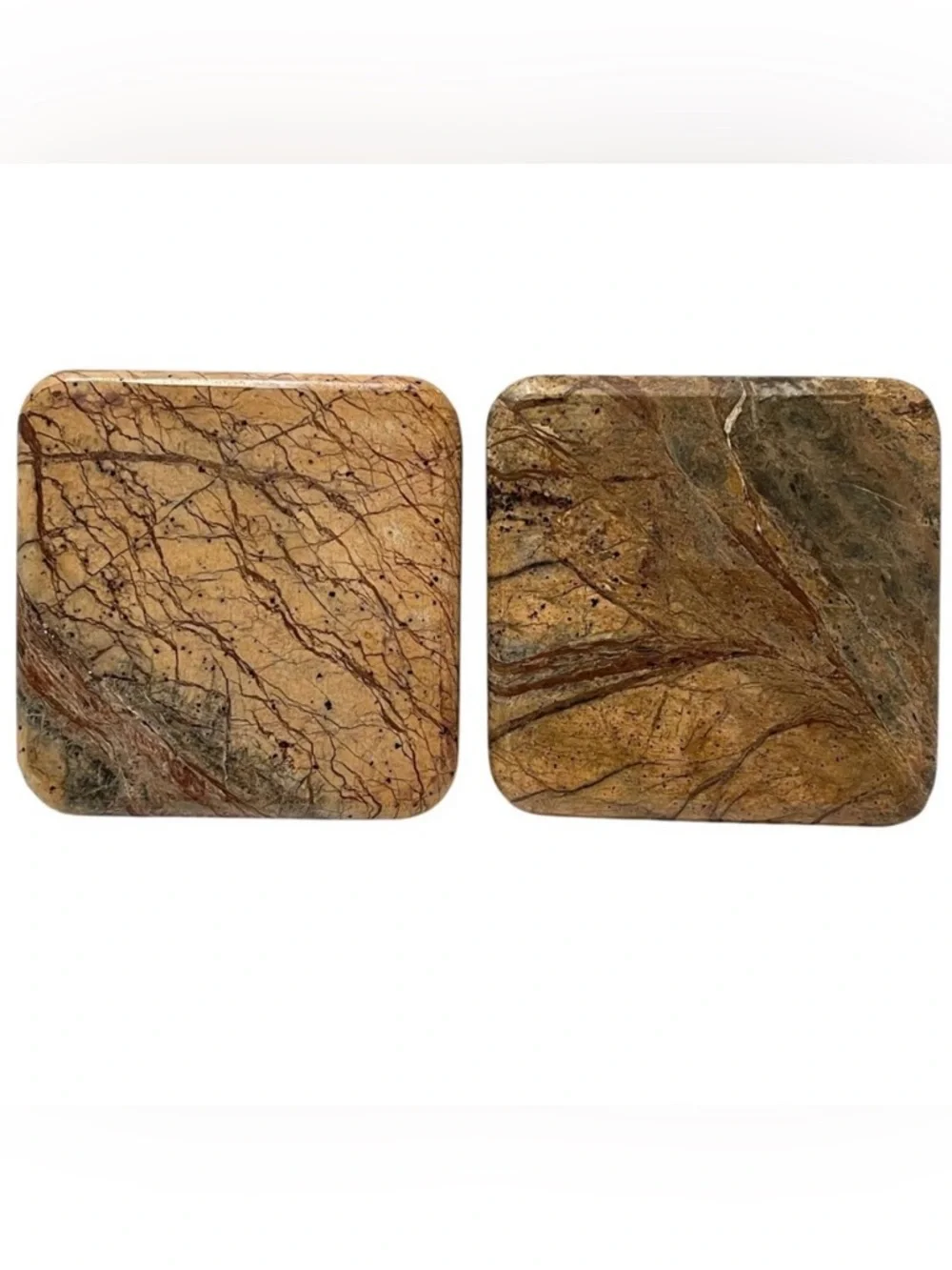 Marble Coasters Square Round Edges Brown Tan Earth Tones Natural Barware 2 Set
